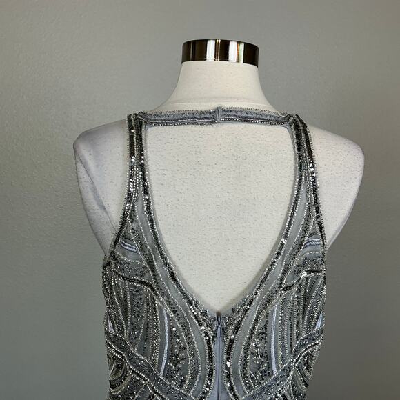 Betsy & Adam Beaded Chiffon Evening Gown Gray Size 8 Cut Out Thigh Slit Formal - Picture 8 of 13